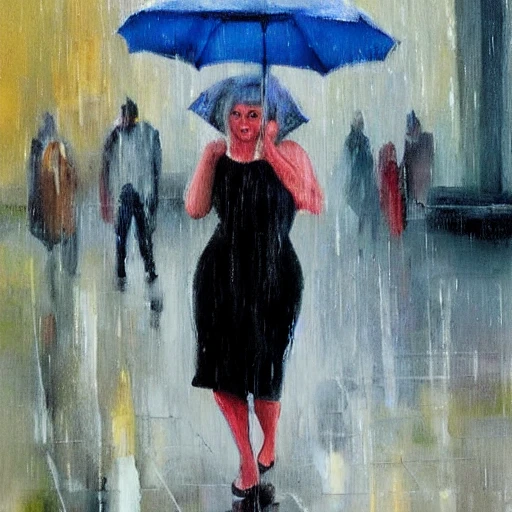 Marilyn Monroe walking with umbrella under rain, Oil Painting