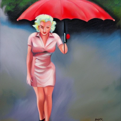 Marilyn Monroe walking with umbrella under rain, Oil Painting, Cartoon