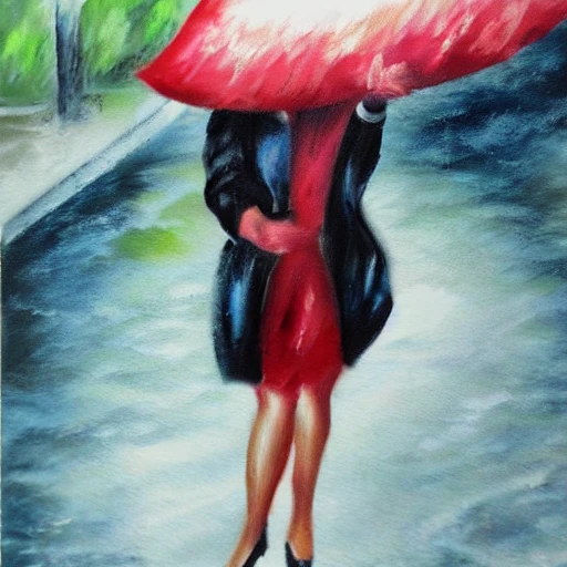 Marilyn Monroe walking with umbrella under rain, Oil Painting, Cartoon, Water Color