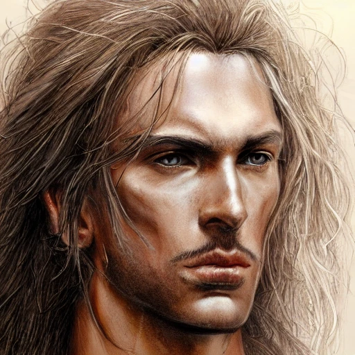 Very detailed male portrait. intricate, elegant, highly detailed, trending on artstation, digital art, perfect face, perfect brown eyes, perfect composition, by Luis Royo, Baldur's gate, Raistlin Majere, brown skin, long white haired,8k