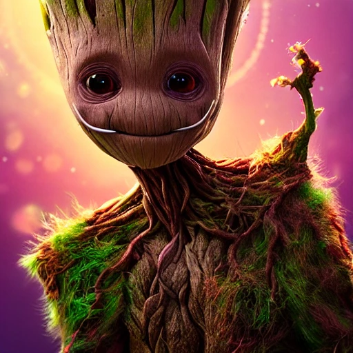 whimsical ultra cute groot in fairytale landscape, pastel colors, fluffy fur, intricate details, v-ray, hyper detailed, ultra realistic, symmetrical, hd, 8k, cinematic atmosphere, rays of light, bright vivid colors, 3D,8k