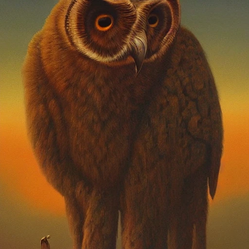 painting of hybrid between mammoth!!!! & owl, intercrossed animal, by zdzislaw beksinski, by tiffany bozic, by chris buzelli, cold hue's, warm tone gradient background, concept art, beautiful composition, digital painting , Trippy