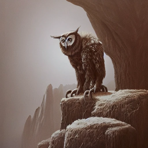 painting of hybrid between mammoth!!!! & owl, intercrossed animal, by zdzislaw beksinski, by tiffany bozic, by chris buzelli, cold hue's, warm tone gradient background, concept art, beautiful composition, digital painting , Trippy