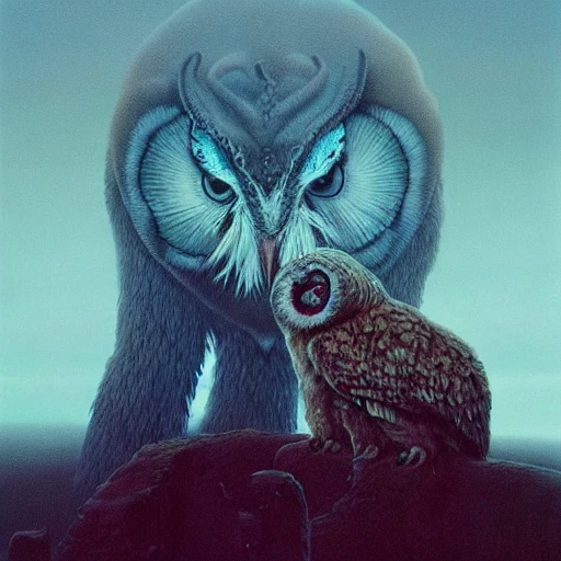 painting of hybrid between mammoth!!!! & owl, intercrossed animal, by zdzislaw beksinski, by tiffany bozic, by chris buzelli, cold hue's, warm tone gradient background, concept art, beautiful composition, digital painting , Trippy