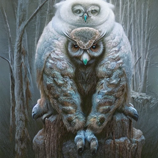 painting of hybrid between mammoth!!!! & owl, intercrossed animal, by zdzislaw beksinski, by tiffany bozic, by chris buzelli, cold hue's, warm tone gradient background, concept art, beautiful composition, digital painting , Trippy