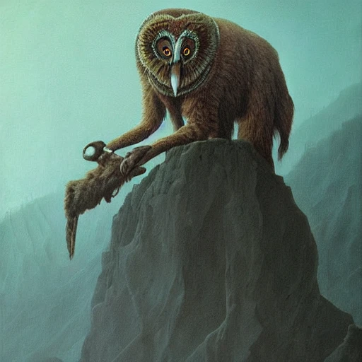 painting of hybrid between mammoth!!!! & owl, intercrossed animal, by zdzislaw beksinski, by tiffany bozic, by chris buzelli, cold hue's, warm tone gradient background, concept art, beautiful composition, digital painting , Trippy