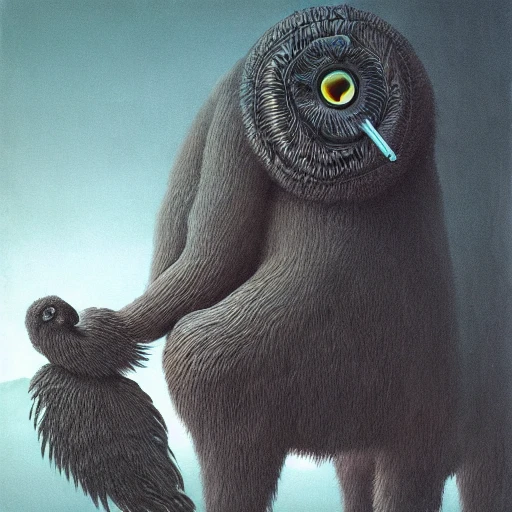 painting of hybrid between mammoth!!!! & owl, intercrossed animal, by zdzislaw beksinski, by tiffany bozic, by chris buzelli, cold hue's, warm tone gradient background, concept art, beautiful composition, digital painting , Trippy