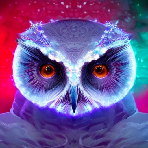 symmetrical! unrealistic, highly detailed, close-up portrait of an intricate celestialsnowyowl ghost head wearing a tinsel, rendered hazel eyes, surrounded by colored smoke, night background, trending on artstation, masterpiece, 64k, octane render, volumetric lighting,  art by artgem and greg rutkowski, digital, 8K wallpaper , Trippy