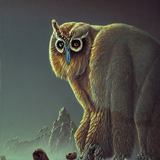 painting of hybrid between mammoth!!!! & owl, intercrossed animal, by zdzislaw beksinski, by tiffany bozic, by chris buzelli, cold hue's, warm tone gradient background, concept art, beautiful composition, digital painting , Trippy