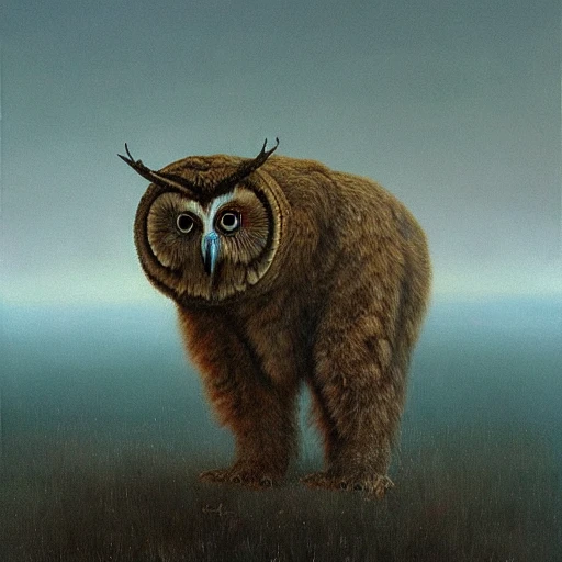 painting of hybrid between mammoth!!!! & owl, intercrossed animal, by zdzislaw beksinski, by tiffany bozic, by chris buzelli, cold hue's, warm tone gradient background, concept art, beautiful composition, digital painting , Trippy