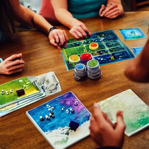 game night, board game, friends group, illustration, evening, living room, dim lighting, water color, warm colors