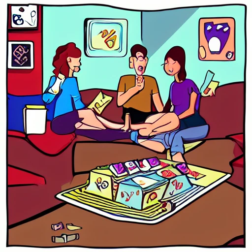 game night, board game, friends group, illustration, evening, living room, dim lighting, cartoon, warm colors