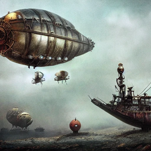 steampunk airships. war in the air, combining the art style of Machinarium with Beksinski, digital Art, perfect composition, beautiful detailed intricate insanely detailed, cinematic, octane render, shot on IMAX 70mm, high contrast, HDR,