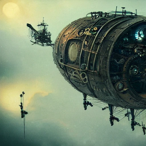 steampunk airships. war in the air, combining the art style of Machinarium with Beksinski, digital Art, perfect composition, beautiful detailed intricate insanely detailed, cinematic, octane render, shot on IMAX 70mm, high contrast, HDR,