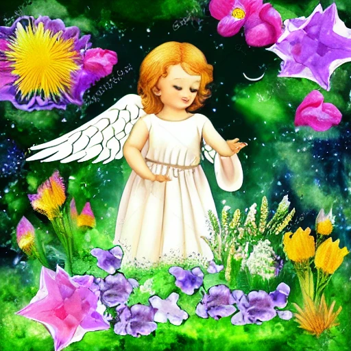 angel in the firmament in realistic garden with lot of flowers a ...