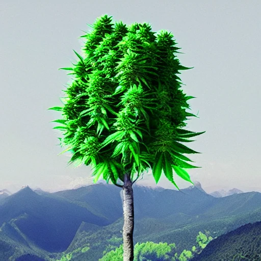 immense arbre de cannabis rouge vert bleu jaune sur une montagne, 3D