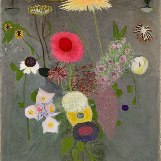 a semi-abstract oil painting of plants and flowers painted by hilma af klint painted by Philip Guston painted by Rachel Ruysch 