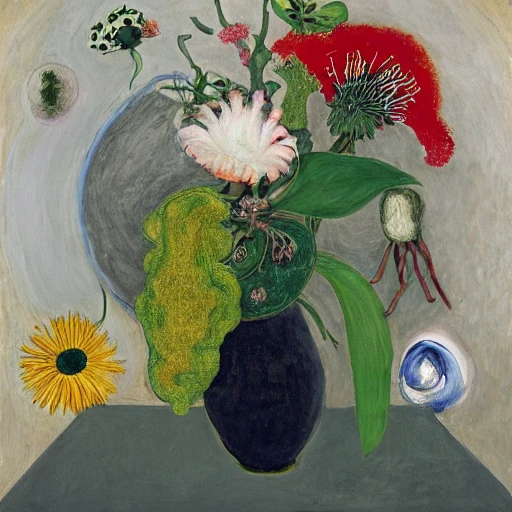 a semi-abstract oil painting of plants and flowers painted by hilma af klint painted by Philip Guston painted by Rachel Ruysch 