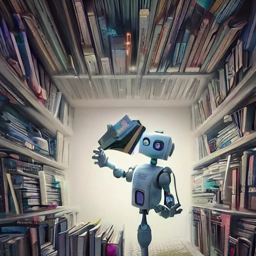 Cyberpunk detailed 3d render realistic illustration in Pixar style of small Hight-tech 
White robot with anthropomorphic Shape With that is a metal full of books. Surrounded by books. The robot is writing an open book. Masterpiece of Digital art. very detailed and coherent, intricate, soft focus, dramatic shadows, ominous shadows, studio fl.4, Octane render, 4k 
