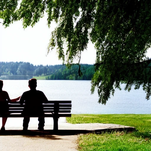 couple on a park bench in front of a lake , Cartoon