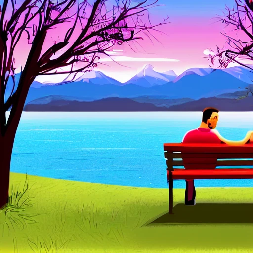 couple on a park bench in front of a lake , Cartoon