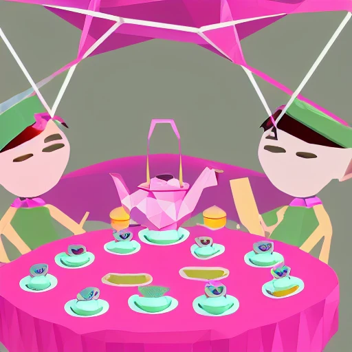 low poly crocodile in pink dress having tea party