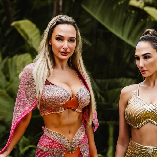 portrait of Lindsey Pelas and gal Gadot wearing kebaya in Bali temple, by charlotte Grimm, natural light, detailed face, beautiful features, symmetrical, mm, 8 k, medium-format print, half body shot 