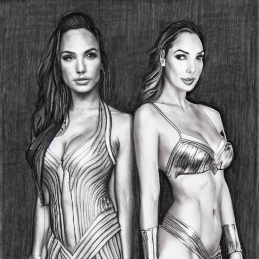 portrait of Lindsey Pelas and gal Gadot wearing kebaya in Bali temple, format print, half body shot, Pencil Sketch