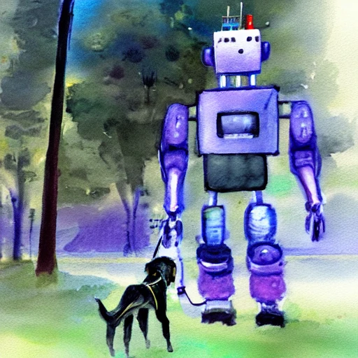 A hyperrealistic robot and his pet dog companion walk around the park, Water Color