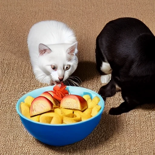 A chubby dog sharing foods with skinny cat on a bowl