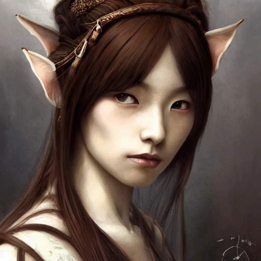 japanese girl, female noble born half-elf druid, Jaheira, brown hair, look at viewer, beautiful detailed face, perfect eyes, perfect lips, extremely detailed, 8K wallpaper, portrait, extremely detailed oil painting by greg rutkowski and Luis Royo and Tom Bagshaw and Seb McKinnon, trending on artstation, in the style of Wizards of the coast