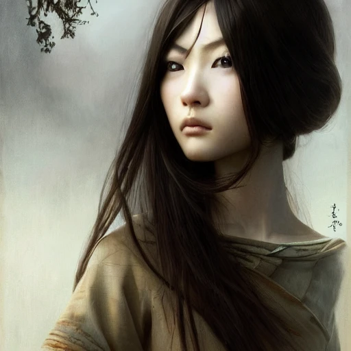 japanese girl, female noble born , Jaheira, brown hair, look at viewer, beautiful detailed face, beautiful eyes, perfect lips, extremely detailed, 8K wallpaper, portrait, extremely detailed oil painting by greg rutkowski and Luis Royo and Tom Bagshaw and Seb McKinnon, trending on artstation, in the style of Wizards of the coast