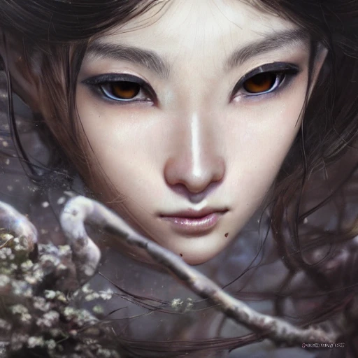 japanese girl, female noble born half-elf druid, Jaheira, brown hair, look at viewer, beautiful detailed face, perfect eyes, perfect lips, extremely detailed, 8K wallpaper, portrait, extremely detailed oil painting by greg rutkowski and Luis Royo and Tom Bagshaw and Seb McKinnon, trending on artstation, in the style of Wizards of the coast, Pencil Sketch