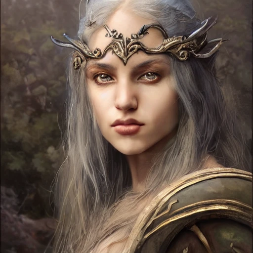 ukraine girl, female noble born half-elf druid, Jaheira, brown hair, look at viewer, beautiful detailed face, perfect eyes, perfect lips, extremely detailed, 8K wallpaper, portrait, extremely detailed oil painting by greg rutkowski and Luis Royo and Tom Bagshaw and Seb McKinnon, trending on artstation, in the style of Wizards of the coast, Pencil Sketch, Pencil Sketch