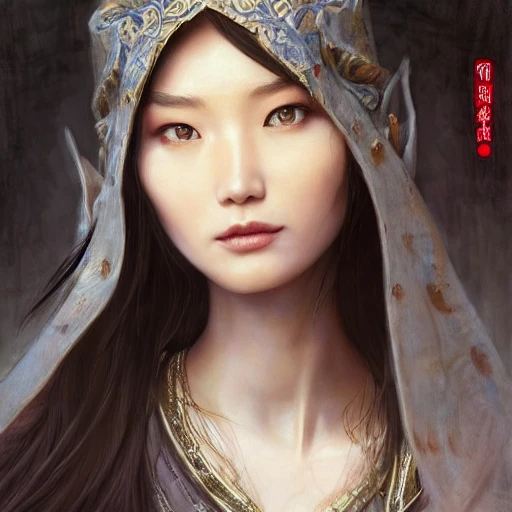 beautiful chinese girl, female noble born half-elf druid, Jaheira, brown hair, look at viewer, beautiful detailed face, perfect eyes, perfect lips, extremely detailed, 8K wallpaper, portrait, extremely detailed oil painting by greg rutkowski and Luis Royo and Tom Bagshaw and Seb McKinnon, trending on artstation, in the style of Wizards of the coast