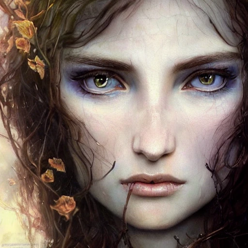 beautiful uk girl, female noble born half-elf druid, Jaheira, brown hair, look at viewer, beautiful detailed face, perfect eyes, perfect lips, extremely detailed, 8K wallpaper, portrait, extremely detailed oil painting by greg rutkowski and Luis Royo and Tom Bagshaw and Seb McKinnon, trending on artstation, in the style of Wizards of the coast