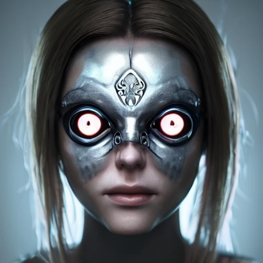 A close portrait of a beautiful intimidating girl, with half human and half cyborg face, one glowing eye, symmetrical eyes, intricate insane details, steel bones hyper realistic, mist, photorealistic, octane render, unreal engine, hyper detailed, volumetric lighting, hdr, octane render, 4k, 8k,, 3D