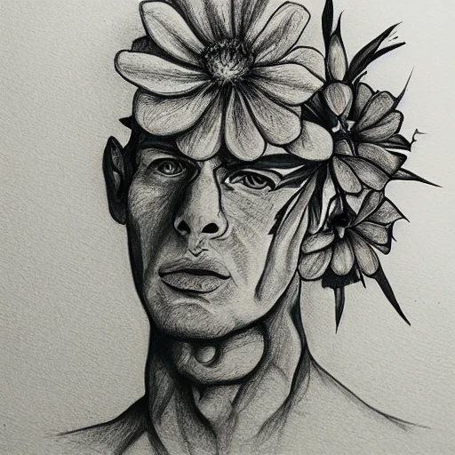 flower,head man, Pencil Sketch