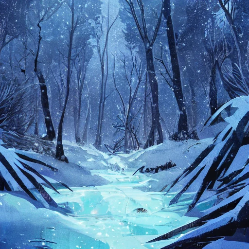 winter,snow,In the dense primeval forest there was a pool of water after the rain,Crystal butterfly,The light from the cracks of the trees shone on the pool like a mirror, and deep snow covered the land,sun light,concept, art, fantasy,Ghibli, Hayao Miyazaki,4k,cinematic,