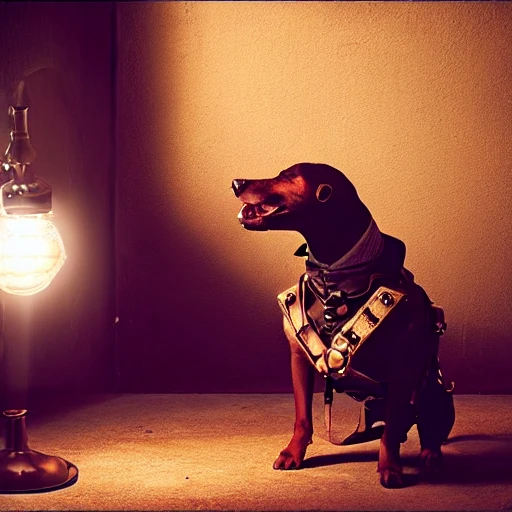 dog, steampunk, dramatic lighting