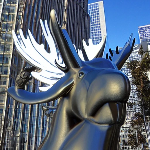 moose with angel wings, 3-d, sculpture, perspective, by jeff koons, chrome
