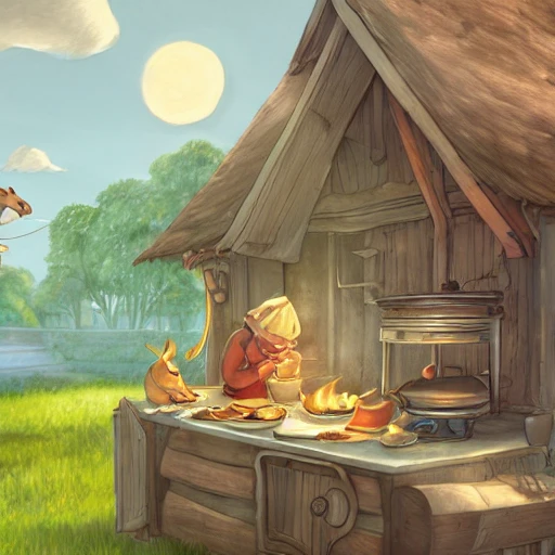 cottagecore illustration of rats cooking tasty dinner in French kitchen, studio Ghibli, Pixar and Disney animation, sharp, rendered in Unreal Engine 5, anime key art by Loish Van Baarle, dramatic, lighting, bloom, sunrise, Pencil Sketch