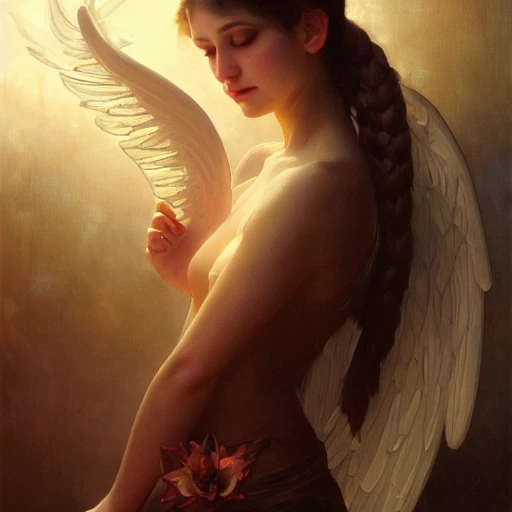 Softly lit portrait of the beautiful Ukraine girl, bastet, bast, angel wing woman / flower hybrid, soft torchlight in water, digital art by ruan jia and mandy jurgens and artgerm and william - adolphe bouguereau, highly detailed, trending on artstation, award winning