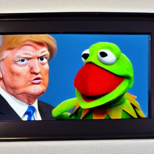kermit the frog with Donald trump, 3D, Water Color, 8k, photorealistic