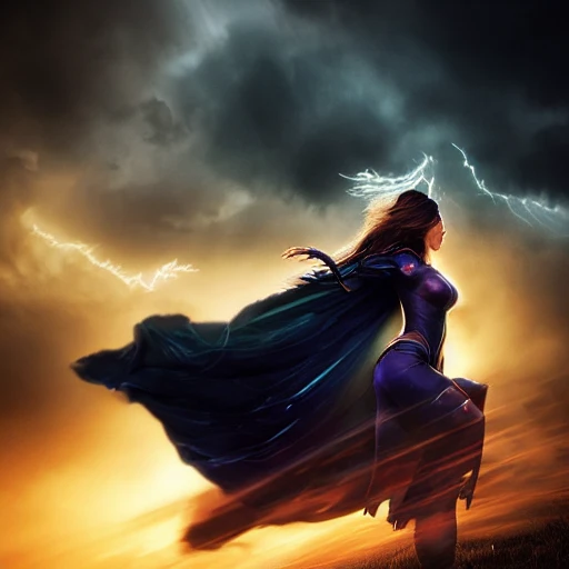 digital artwork, a beautiful superheroine with cape, flying in the middle of a storm, ominous and loving cloud rays, lightning and the sun rising in the distance, detailed, Rembrandt lighting bokeh, dark, witchcore, Unreal Engine, Artstation, Octane Render, 12K, ultra detail, ultra realist, 8K, 3D, natural light, photorealism , trending on artstation, sharp focus, studio photo, intricate details, 