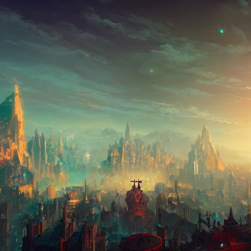 Authentic illustration of a city in Warhammer Fantasy,Magnificent super wide angle,high quality, 8k,high resolution, city landscape, side scrolling, Rule of Thirds, 4K, Retrofuturism,by makoto shinkai,Anton Fadeev, thomas kinkade,greg rutkowski