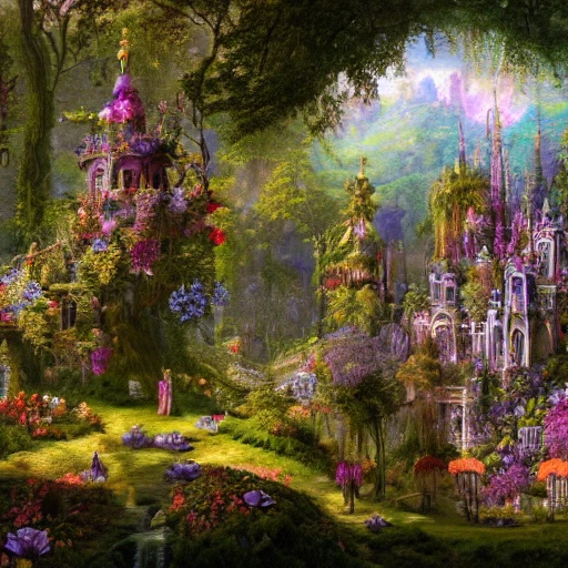 a beautiful and highly detailed matte painting of a beautiful dream palace in a magical fantasy forest garden, colorful flowers, psychedelic, epic scale, insanely complex, hyperdetailed, sharp focus, hyperrealism, artstation, cgsociety, 8 k, bright colors, by caspar friedrich, albert bierstadt, james gurney, brian froud, 