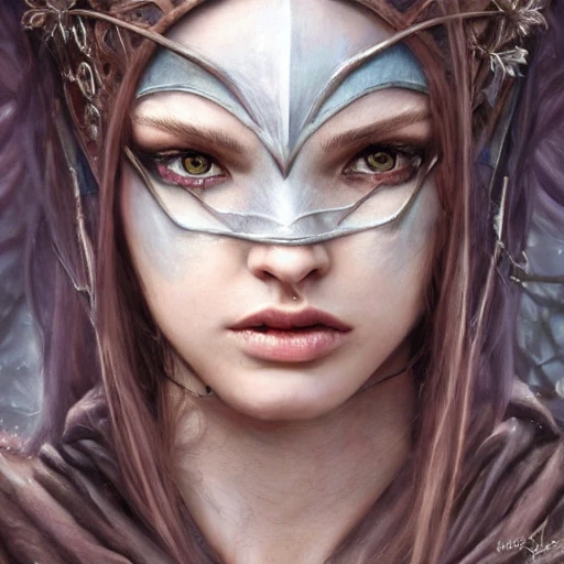 beautiful uk girl superheroine, masked, female noble born half-elf druid, Jaheira, brown hair, look at viewer, beautiful detailed face, perfect eyes, perfect lips, extremely detailed, 8K wallpaper, portrait, extremely detailed oil painting by greg rutkowski and Luis Royo and Tom Bagshaw and Seb McKinnon, trending on artstation, in the style of Wizards of the coast

