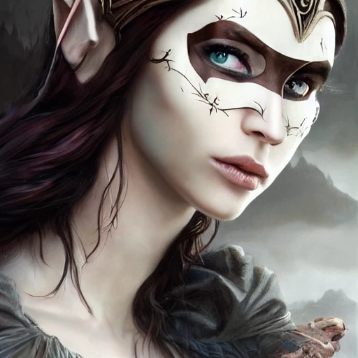 beautiful uk girl superheroine, masked with black mask, female noble born half-elf druid, Jaheira, brown hair, look at viewer, beautiful detailed face, perfect eyes, perfect lips, extremely detailed, 8K wallpaper, portrait, extremely detailed oil painting by greg rutkowski and Luis Royo and Tom Bagshaw and Seb McKinnon, trending on artstation, in the style of Wizards of the coast

