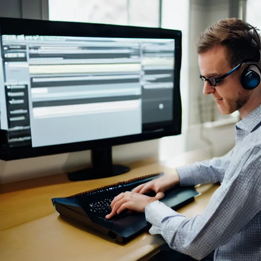 A white man with brown hair and wearing prescription glasses while programming software on a computer